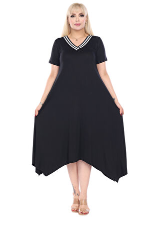 Melsay Butik Siyah V Yaka Yakası Şeritli Asimetrik Kısa Kollu Elbise
