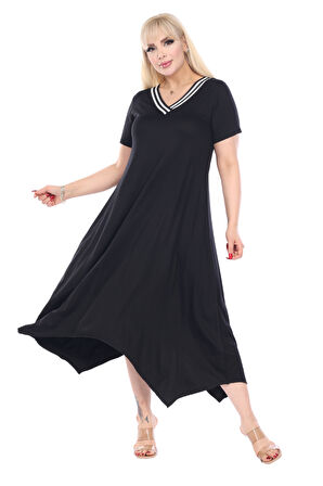 Melsay Butik Siyah V Yaka Yakası Şeritli Asimetrik Kısa Kollu Elbise