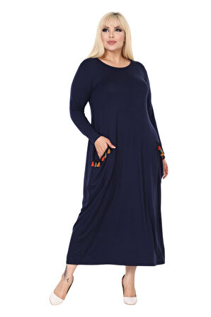 Melsay Butik Püsküllü Cepli Kadın Uzun Kollu Lacivert Tesettür Elbise
