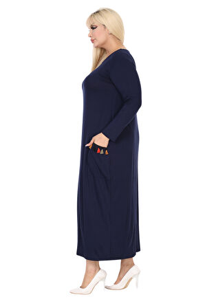 Melsay Butik Püsküllü Cepli Kadın Uzun Kollu Lacivert Tesettür Elbise