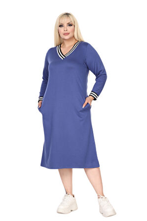 Melsay Butik İndigo Yakası Şeritli V Yaka Uzun Kol İki İplik Elbise