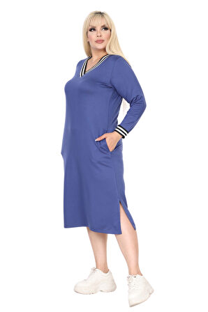 Melsay Butik İndigo Yakası Şeritli V Yaka Uzun Kol İki İplik Elbise