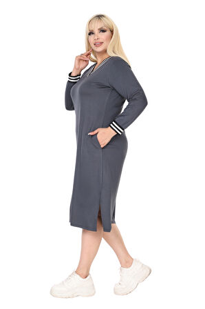 Melsay Butik Antrasit Yakası Şeritli V Yaka Uzun Kol İki İplik Elbise