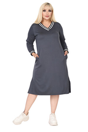 Melsay Butik Antrasit Yakası Şeritli V Yaka Uzun Kol İki İplik Elbise