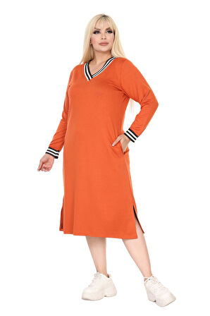 Melsay Butik Turuncu Yakası Şeritli V Yaka Uzun Kol İki İplik Elbise