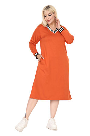 Melsay Butik Turuncu Yakası Şeritli V Yaka Uzun Kol İki İplik Elbise