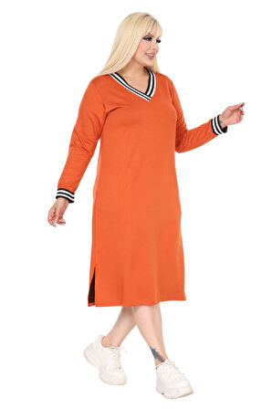 Melsay Butik Turuncu Yakası Şeritli V Yaka Uzun Kol İki İplik Elbise