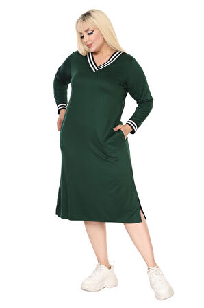 Melsay Butik Zümrüt Yeşili Yakası Şeritli V Yaka Uzun Kol İki İplik Elbise