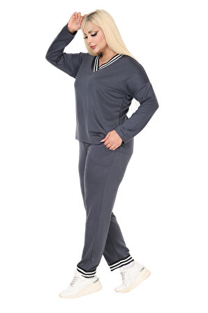 Melsay Butik Antrasit V Yaka Yakası Şerit Detaylı Eşofman Takımı