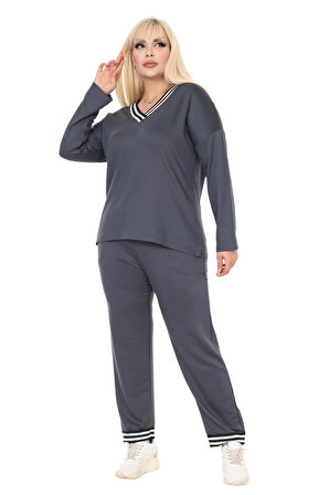 Melsay Butik Antrasit V Yaka Yakası Şerit Detaylı Eşofman Takımı