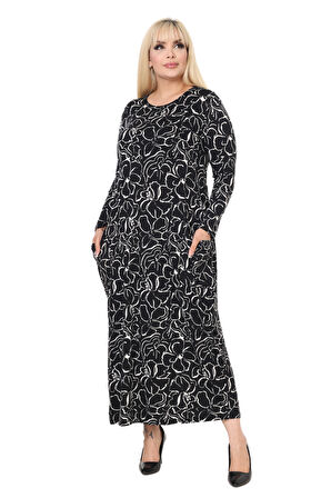 Melsay Butik Siyah Çiçek Desen Uzun Kollu Cepli Uzun Elbise