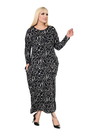 Melsay Butik Siyah Çiçek Desen Uzun Kollu Cepli Uzun Elbise