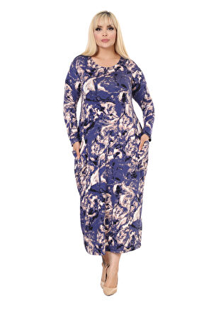 Melsay Butik Mavi Batik Uzun Kollu Cepli Uzun Elbise