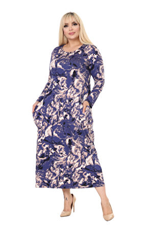 Melsay Butik Mavi Batik Uzun Kollu Cepli Uzun Elbise