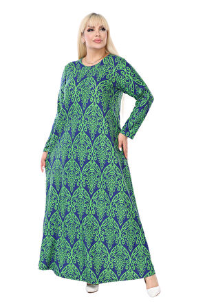 Melsay Butik Yumoş Kumaş Yeşil Dantel Desen Uzun Kollu Kadın Tesettür Elbise