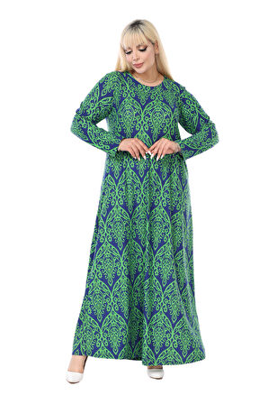 Melsay Butik Yumoş Kumaş Yeşil Dantel Desen Uzun Kollu Kadın Tesettür Elbise