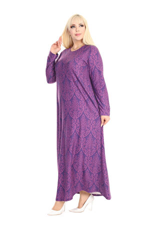 Melsay Butik Yumoş Kumaş Mor Dantel Desen Uzun Kollu Kadın Tesettür Elbise