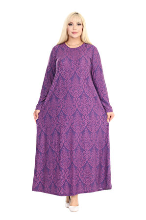 Melsay Butik Yumoş Kumaş Mor Dantel Desen Uzun Kollu Kadın Tesettür Elbise