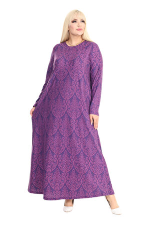 Melsay Butik Yumoş Kumaş Mor Dantel Desen Uzun Kollu Kadın Tesettür Elbise