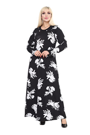 Melsay Butik Yumoş Kumaş Siyah Beyaz Yaprak Desen Uzun Kollu Kadın Tesettür Elbise