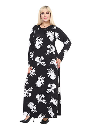 Melsay Butik Yumoş Kumaş Siyah Beyaz Yaprak Desen Uzun Kollu Kadın Tesettür Elbise