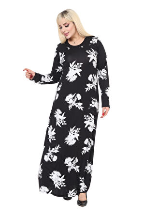 Melsay Butik Yumoş Kumaş Siyah Beyaz Yaprak Desen Uzun Kollu Kadın Tesettür Elbise