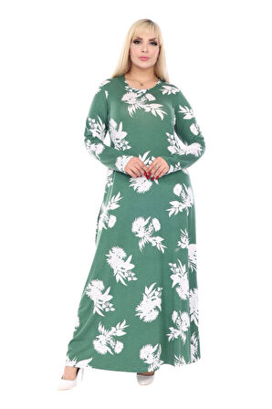 Melsay Butik Yumoş Kumaş Yeşil Beyaz Yaprak Desen Uzun Kollu Kadın Tesettür Elbise