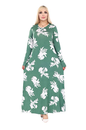 Melsay Butik Yumoş Kumaş Yeşil Beyaz Yaprak Desen Uzun Kollu Kadın Tesettür Elbise