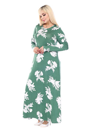 Melsay Butik Yumoş Kumaş Yeşil Beyaz Yaprak Desen Uzun Kollu Kadın Tesettür Elbise