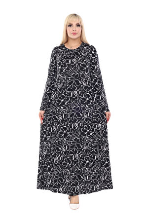 Melsay Butik Yumoş Kumaş Siyah Çiçek Desen Uzun Kollu Kadın Tesettür Elbise