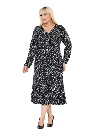 Melsay Butik Yumoş Kumaş Kruvaze Yaka Siyah Çiçek Desen Eteği Fırfırlı Midi Elbise