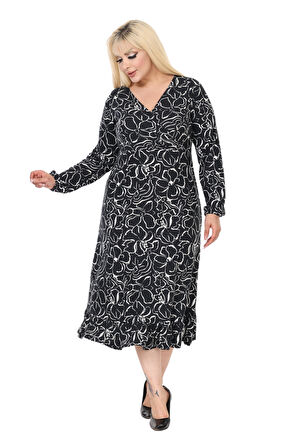 Melsay Butik Yumoş Kumaş Kruvaze Yaka Siyah Çiçek Desen Eteği Fırfırlı Midi Elbise