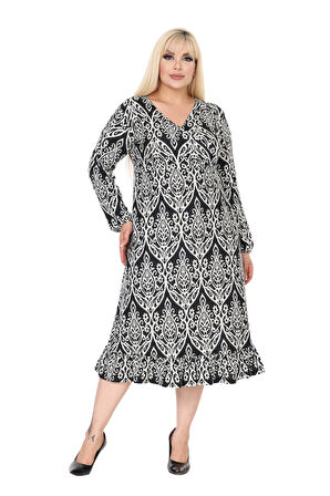 Melsay Butik Yumoş Kumaş Kruvaze Yaka Beyaz Dantel Desen Eteği Fırfırlı Midi Elbise