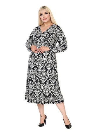 Melsay Butik Kışlık Yumoş Kumaş Beyaz Dantel Desen Uzun Kollu Kadın Tesettür Elbise