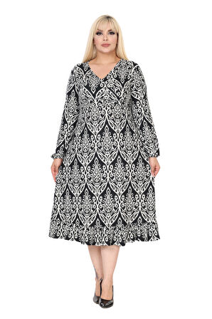 Melsay Butik Kışlık Yumoş Kumaş Beyaz Dantel Desen Uzun Kollu Kadın Tesettür Elbise