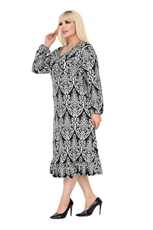 Melsay Butik Kışlık Yumoş Kumaş Beyaz Dantel Desen Uzun Kollu Kadın Tesettür Elbise