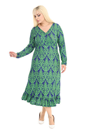 Melsay Butik Yumoş Kumaş Yeşil Dantel Desen Uzun Kollu Kadın Tesettür Elbise