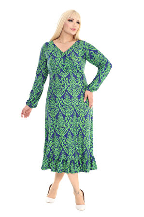 Melsay Butik Yumoş Kumaş Yeşil Dantel Desen Uzun Kollu Kadın Tesettür Elbise