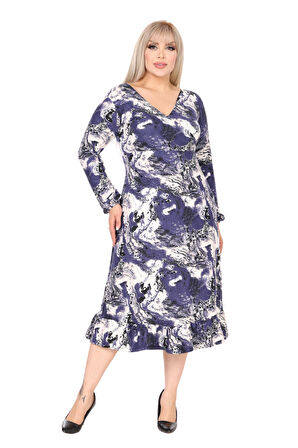 Melsay Butik Yumoş Kumaş Kruvaze Yaka Mavi Batik Desen Eteği Fırfırlı Midi Elbise