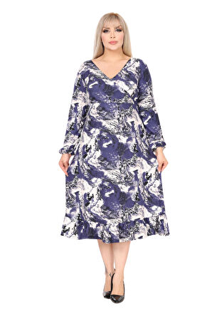 Melsay Butik Yumoş Kumaş Kruvaze Yaka Mavi Batik Desen Eteği Fırfırlı Midi Elbise