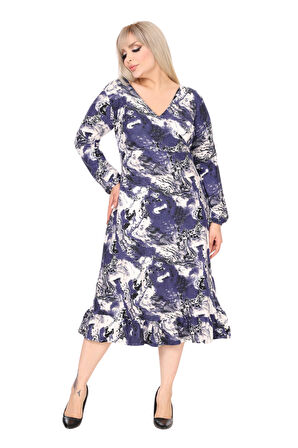 Melsay Butik Yumoş Kumaş Kruvaze Yaka Mavi Batik Desen Eteği Fırfırlı Midi Elbise