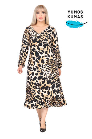 Melsay Butik Yumoş Kumaş Kruvaze Yaka Kaplan Desenli Eteği Fırfırlı Elbise