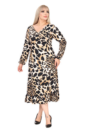 Melsay Butik Yumoş Kumaş Kruvaze Yaka Kaplan Desenli Eteği Fırfırlı Elbise