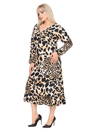 Melsay Butik Yumoş Kumaş Kruvaze Yaka Kaplan Desenli Eteği Fırfırlı Elbise