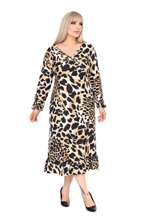 Melsay Butik Yumoş Kumaş Kruvaze Yaka Kaplan Desenli Eteği Fırfırlı Elbise