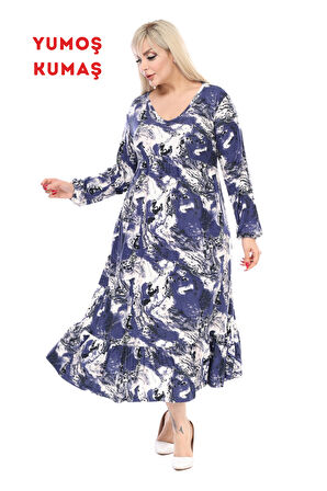 Melsay Butik Kışlık Robalı Yumoş Uzun Kollu Yeşil Batik Desenli Cepli Elbise