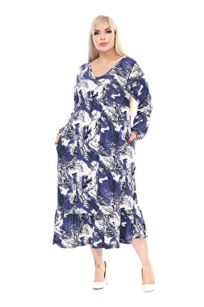 Melsay Butik Kışlık Robalı Yumoş Uzun Kollu Yeşil Batik Desenli Cepli Elbise