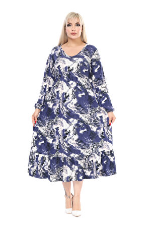 Melsay Butik Kışlık Robalı Yumoş Uzun Kollu Yeşil Batik Desenli Cepli Elbise