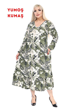 Melsay Butik Kışlık Robalı Yumoş Uzun Kollu Mavi Batik Desenli Cepli Elbise