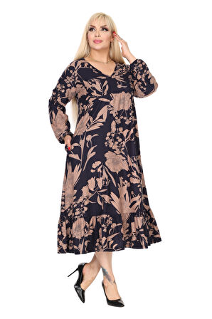 Melsay Butik Kışlık Robalı Yumoş Uzun Kollu Lacivert Yaprak Desenli Cepli Elbise
